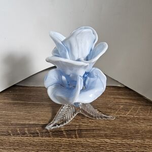 Vintage 60/70s ICET Arte Murano Baby Blue Floral Art Glass Candle Holder